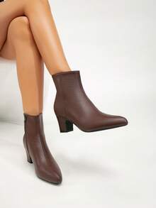 Fall/Winter Women's Fashion Chunky Heel Boots, Versatile Zipper Closure Elegant Pointed Toe Sexy Party Ankle Boots, Autumn,Burgundy Heels - Coffee Brown - View 5