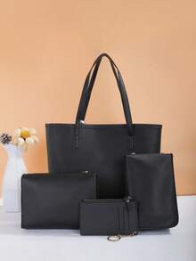 女士时尚新款刺绣休闲扣拉链可调节肩带托特包斜挎包迷你组合包 - 黑色 - 查看 3