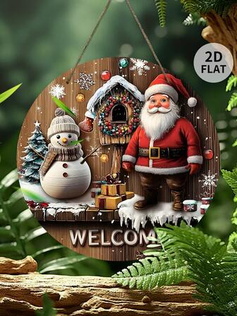 1 件 2D 打印圣诞主题装饰，带有圣诞老人和圣诞屋元素，“圣诞快乐”文字，高品质木质结构，多功能壁挂，时尚简约风格，入口装饰