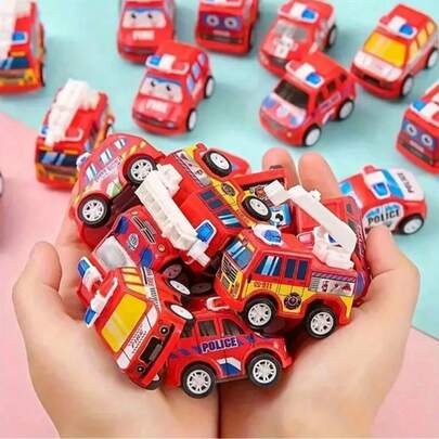 10pcs Cartoon Mini Friction Powered Fire Truck & Car Toys, Birthday Party Favors (Color Random)