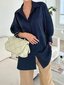 Blue & White Stripe Front Button Pocket Long Sleeve Shirt, Autumn Spring - Dark Wash - View 4