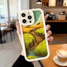Cubierta de teléfono con borde negro diseño de paisaje rural campo verde y sendero de madera para uso diario en cafeterías y espacios exteriores Aplicable a los teléfonos de la serie Apple y Galaxy - Negro - Ver 3