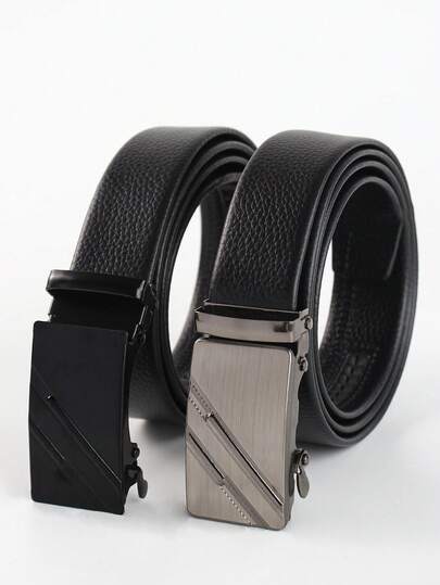 Men's Two Pieces Set Black And Silver Mechanical Automatic Belt, Available In Multiple Styles. A Daily Decorative Belt For Jeans, Featuring An Automatic Buckle Design-An Ideal Accessory For Both Business Occasions And Casual Moments. Suitable For Business Casual Environments, Perfect As A Gift, And Also Ideal For Fall School Uniforms Old Money Vintage Autumn/Fall Urban Outfit Denim Classic Christmas Winter Fashion Daily Men Boyfriend Gift