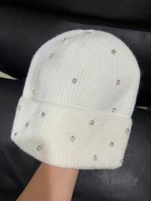 1 件装女士厚重亮片兔毛针织帽，温暖厚实，时尚百搭，秋冬