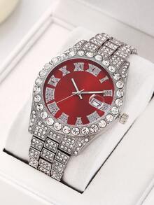 1 Pc Men Crystal Dial Fashion Party Quartz Wrist Watch With Steel Strap - Red - View 3