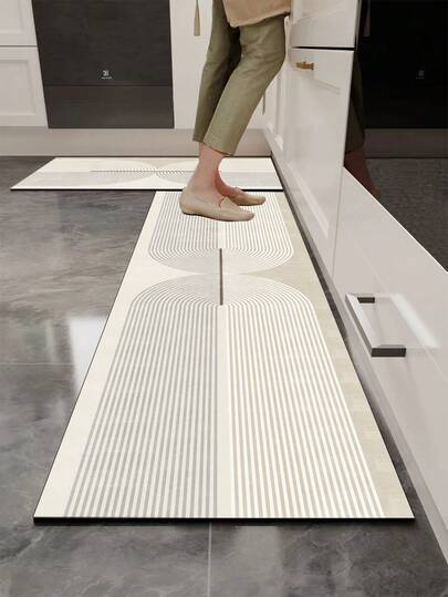 1 件装硅胶厨房地垫，几何圆形线条图案，浅灰色和米色调，由多个圆形（半圆形）线条和直线以富有韵律感的排列方式构成，呈现出几何风格。