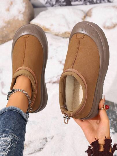 Women's Winter Snow Boots, Thick Warm Retro Solid Color Platform Short Boots With Lace-Up Back, Cold-Resistant Anti-Slip Outdoor Boots, Low-Top Low Vamp