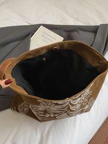 2025 New Bohemian Style Suede Tote Bag, Embroidered Pattern, Large Capacity, Relaxed Shoulder Bag