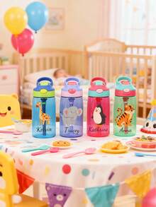 儿童个性化水瓶，可定制名字，可爱动物造型吸管杯，男女通用，防漏设计，上学旅行的理想之选，2025年定制礼物，适合幼儿和学龄前儿童，儿童派对礼品