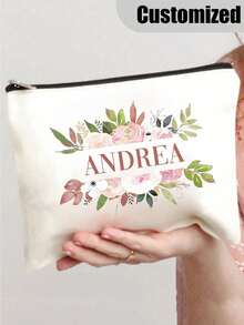 Customizable Floral Pattern Polyester Cosmetic Bag - Personalized Travel Makeup Pouch, Zipper Closure Toiletry Organizer Bag, Lightweight, Foldable, Suitable For Anniversary, Birthday, Holiday/Vacation, Outdoor/Picnic/Travel/Hiking, Business/Commute/Work/Office - Multicolor - View 5