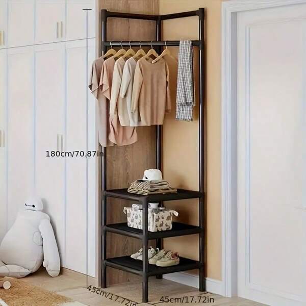 Multifunctionele hoekkapstok, vrijstaande stevige hoge kledingrek met schoenenrek en haken, geschikt voor entree, kast, slaapkamer en woonkamer, zwart-wit, 2-laags en 3-laags