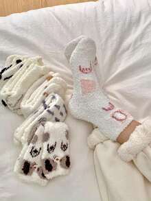 6/12 calcetines gruesos y cálidos de felpa coral para mujer, para usar en casa, calcetines de maternidad, talla 35-43, para otoño/invierno - Negro - Ver 5