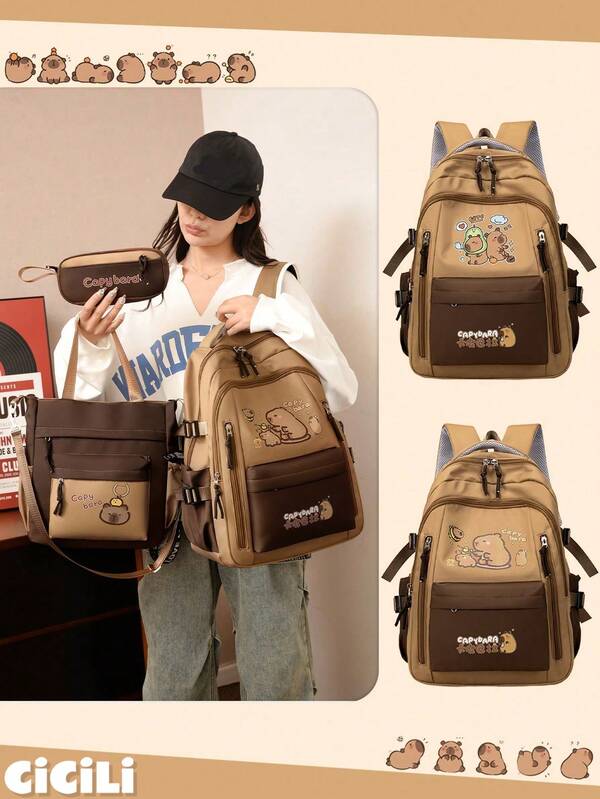 3 قطع مجموعة حقيبة ظهر وحقيبة يد وحافظة أقلام بتصميم كابيبارا جذاب، مصنوعة من نايلون متين مع إغلاق سحاب، وحجرة للوحة الرقمية وجيوب متعددة - مثالية للسفر والاستخدام اليومي، وهدية مثالية لعشاق الكابيبارا.