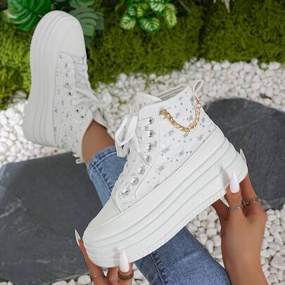 Women's White Sequin High Top Platform Sneakers With Gold Chain Detail, Lace-Up Chunky Heel Canvas Shoes, Fashionable Sparkly Casual Sneakers For Daily Streetwear & Party, Comfortable Non-Slip Footwear