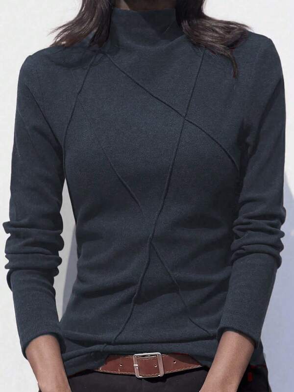 Women's Thicken Fleece Turtleneck Thermal Undershirt, Stylish Splice Rib Knit Design, Autumn/Winter 2024 New Collection
