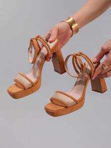 Sandálias plataforma de salto alto com renda, elegantes e sensuais para bailes, festas e eventos noturnos. Sandálias de camurça impermeáveis com salto grosso e bico quadrado, perfeitas para looks de primavera e verão. - Castanho - Ver 4