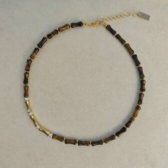 1pc Natural Olive Green Stone, Bamboo Nodes & Faux Pearl Necklace, Lightweight Luxury Choker For Women