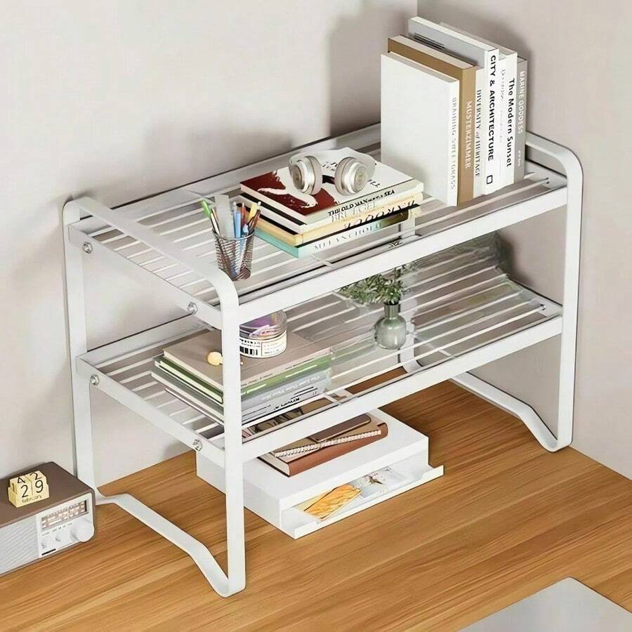 3Tier Desktop Organiser Shelf Metal Storage Rack 40 X 21 X 36 Cm Black White Bookcase A225 White
