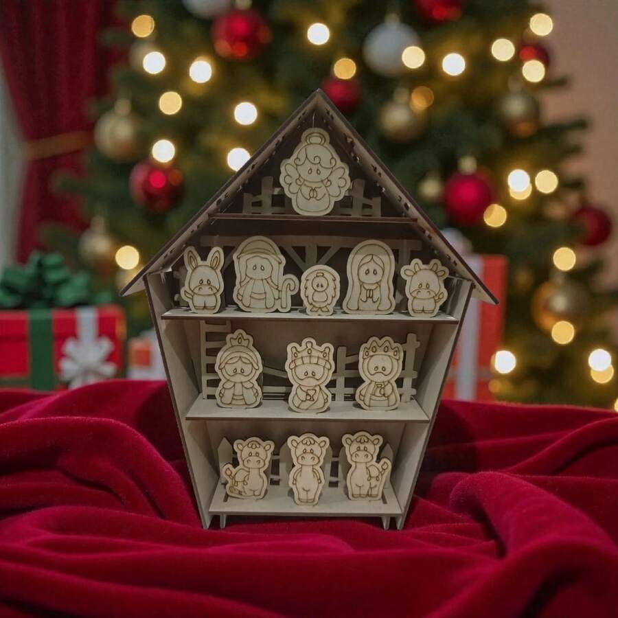 Nacimiento Belén Navideño Grande desarmable de madera MDF con 12 figuras decorativas , Árbol Navidad, diseño moderno y tierno para decoración de Navidad en hogar, oficina, posadas y eventos, ideal para mesas, repisas, vitrinas y recibidores, adorno navideño artesanal estilo rústico, fácil de armar y personalizar, perfecto para manualidades DIY, regalo navideño original, decoración infantil, figuras de corte láser duraderas y reutilizables, nacimiento pequeño para espacios reducidos, pieza decorativa temática para ambientación navideña elegante y creativa - Marrón - Ver 1
