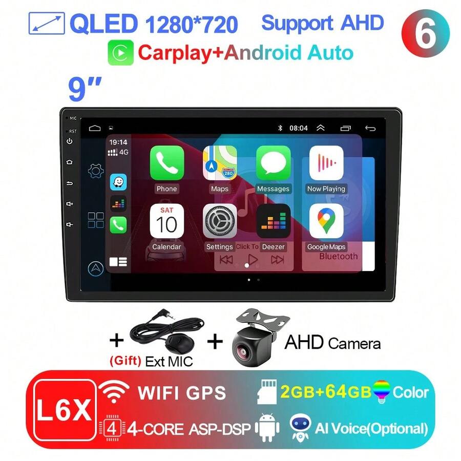 LEHX 8Core 9 pulgadas Universal 2din inalámbrico Carplay Android 15 Radio de coche reproductor de vídeo Multimedia AutoRadio navegación GPS 4G WiFi - 9-L6X (2-64 GB) AHD - Ver 1