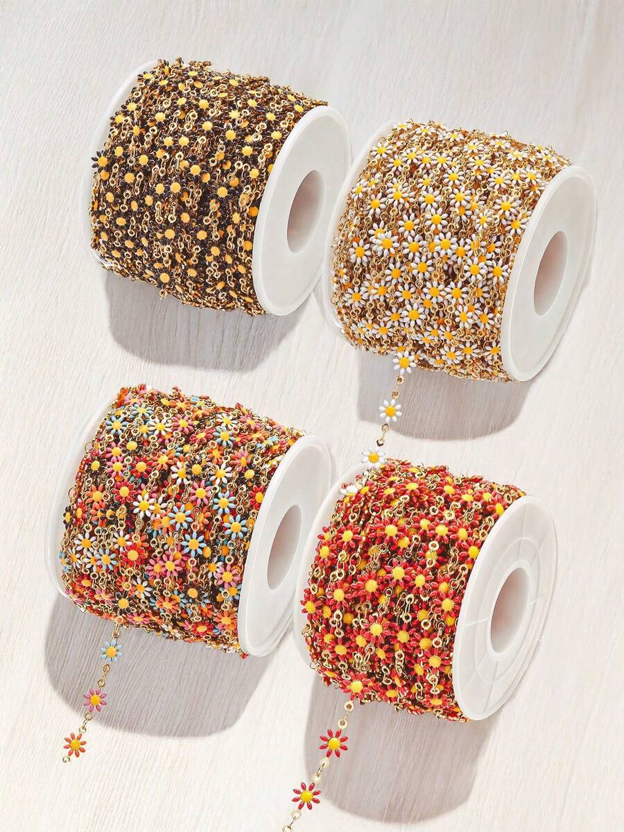 100cm/39.37in Stainless Steel Enamel Cute Daisy Chain,Gold Plated Link Chain For Diy Women Bracelet Choker Necklace Anklets Jewelry Supplies Gold Jewelry Making,Fashion Flower Summer Beach Vacation Clothing Bags Accessories - Daisy Chain - View 1