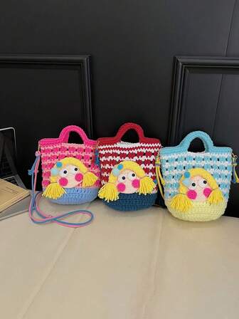 可爱针织水桶单肩包，卡通女孩装饰斜挎包