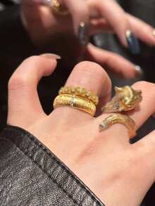 1pc Vintage French Luxury Brushed Finish Antique Style Wide & Narrow Couple Rings, Suitable For Women's Daily Wear - Gold - View 6