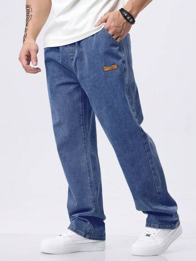 Men's Plus Size Simple Solid Color Loose Straight Elastic Drawstring Waist Jeans
