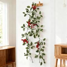 Christmas Garland Artificial Holly Leaves Garland Faux Greenery Vine For Table Mantle Fireplace Home Holiday Party Decor - Red Berries and White Leaves Vine (ahf614-980-1) - View 2