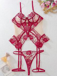 Sexy Lace See Through Mesh Provocative Lingerie Three Piece Set, Metal Buckle Decorative Shoulder Strap Bra+Thong+Leg Ring, Seductive Game Skirt, Couple Flirting Lingerie, Valentine's Day Gift - 酒紅色 - 查看 1