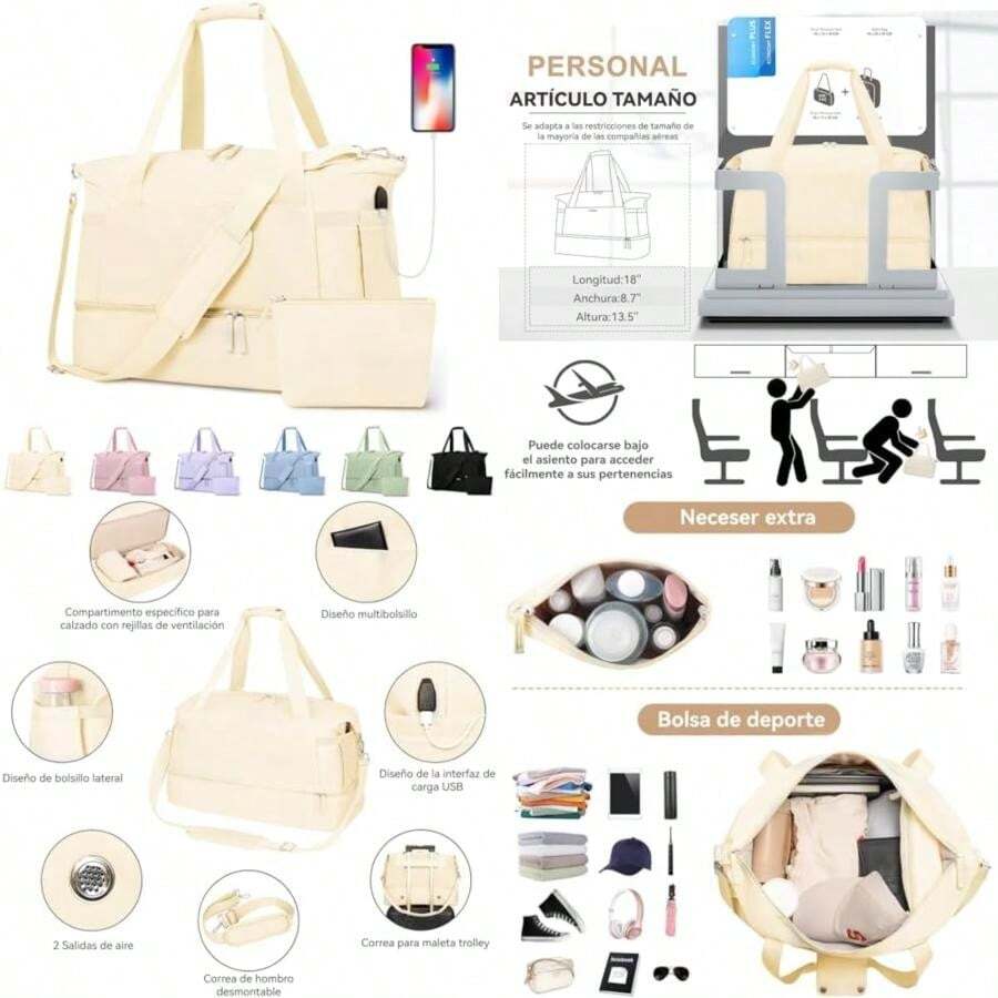 Bolsa Deportiva para el Gym con Compartimento para Zapatos y Bolsa de Agua Húmeda,Bolsas de Viaje para Hombre y Mujer, para Viajes, Entrenamiento, Yoga, Deportes(E2-Beige) - Tipo 1 - Ver 1