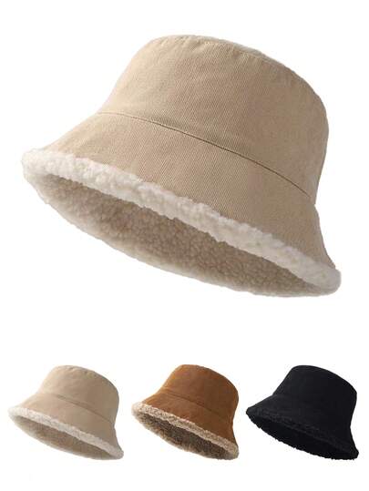 meetsunny 双面仿毛皮冬季渔夫帽，蓬松羊毛混纺保暖渔夫帽，可爱毛绒宽檐帽，男女通用，冬季服装