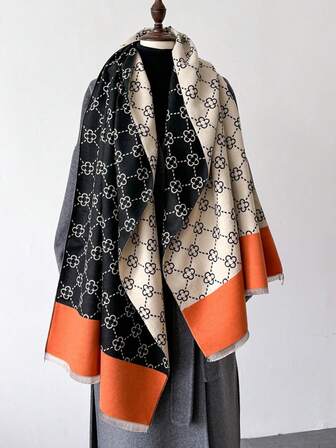 1 pieza Chal/Bufanda reversible de mujer de estilo de bloques de color de imitación de cachemira, versátil y apto para aire acondicionado, grueso y cálido para uso diario, otoño/invierno