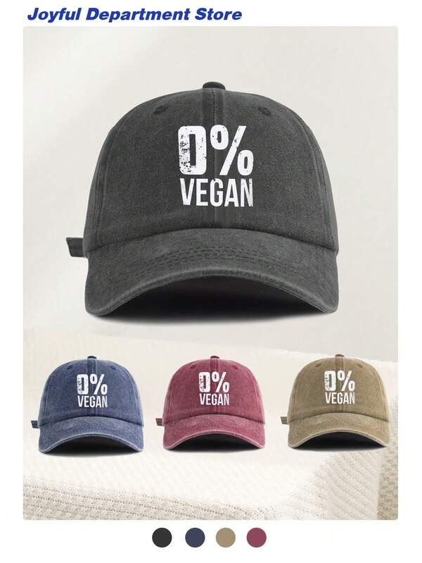 1pc Washed Baseball Cap With "Vegan" Letter, Classic Casual Adjustable Vintage Soft Top Baseball Hat, Sun Protection, Suitable For All Seasons, Fashion Minimalist Versatile Unisex Accessory
