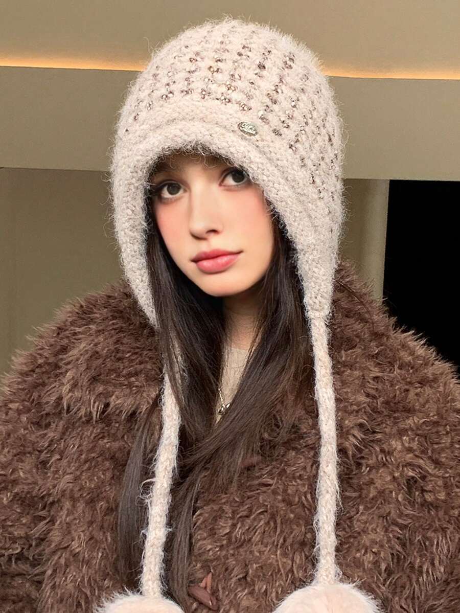 1 szt. Damska gruba dzianinowa czapka beanie, wzór w bloki kolorów, ciepła podszewka, wiatroszczelna, oddychająca, do noszenia na zewnątrz, styl casualowy, odpowiednia na jesień/zimę