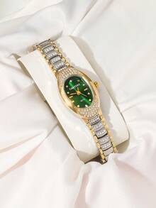 CARYINO 1pc Luxury Oval Dial Watch With Rhinestone Decor Elegant Strap, Fashion Chic Ladies Accessory Watch, Suitable For Daily Wear, Parties, Outfits, Birthday Gift