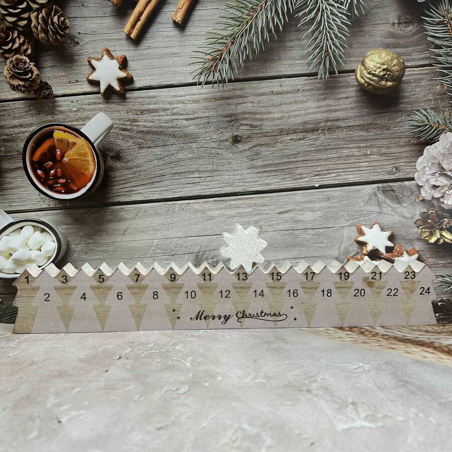 1件装乡村风木质圣诞倒计时日历，带星星图案 - 人造松木圣诞降临日历，带数字日期（15-24） - 米色 - 查看 1