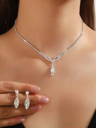 1 Set Cubic Zirconia Tassel Necklace And Earrings Jewelry Set, Bridal Wedding Accessories