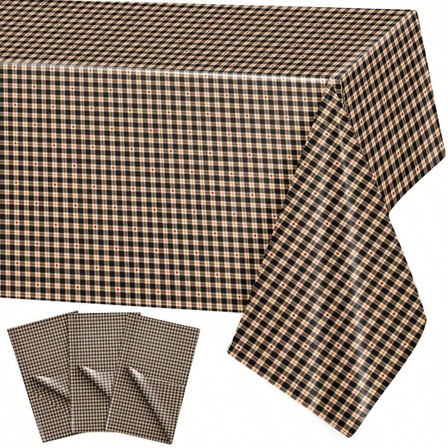 1/3pcs Black & Tan Checkered Plastic Tablecloth 54x71 Inches Rectangular Disposable Party Tablecloth, Suitable For Birthday, Graduation, Restaurant, Wedding Decoration - Multicolor - View 1
