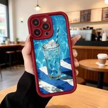 Cubierta de telefono con borde negro azul con estampado de vaso de agua con hielo y pajita para uso diario en cafeterias y espacios exteriores Aplicable a los teléfonos de la serie Apple y Galaxy - Burdeos - Ver 2
