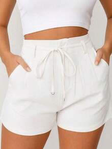 Shorts Feminino Alfaiataria Cordão Detalhes em Argola Cintura Alta Bolsos Zíper Casual Social Chic