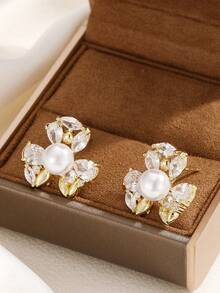 1 Bộ dây chuyền và hoa tai mặt dây chuyền ngọc trai giả Cubic Zirconia bằng thép không gỉ dành cho nữ, Bộ trang sức cá nhân hóa sang trọng đa năng, Lựa chọn quà tặng tuyệt vời, Không có hộp quà tặng - Vàng - Xem 5