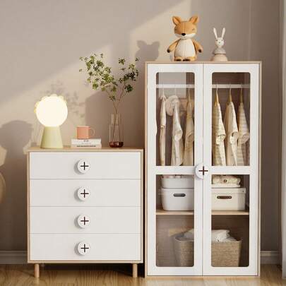 Wardrobe With Integrated Chest Of Drawers, Complete Bedroom Set Including Bedside Table, Lacquered Panels And Chipboard, Combination Dressing Room Storage And Drawers