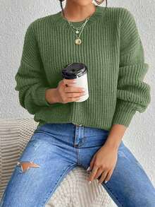 Women's Solid Color Round Neck Long Sleeve Casual Ribbed Knit Sweater - Olive Green - View 4