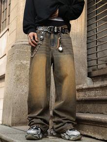 HEHCN 男士水洗复古做旧宽松直筒休闲牛仔裤，街头风百搭牛仔裤 - 鏽棕色 - 查看 6