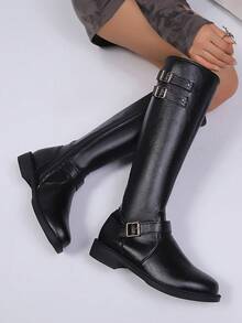 Women's Fashion Buckle Decor Black Knee-High Boots, Fashionable Autumn/Winter Black Side Zipper Motorcycle Boots, Thigh-High Riding Boots. Suitable For Daily Wear, Attending Banquets, Parties, Fashion Shows, Mid-Calf Boots, Thigh-High Boots And Daily Short Boots