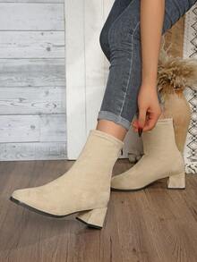 女士修身弹力踝靴，后拉链设计，时尚低跟方头踝靴，百搭女靴 - 米色 - 查看 7