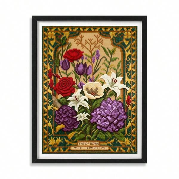 1 Set Floral Cross Stitch Kit, Vintage Wildflower Pattern, 11CT Beginner Starter Set Includes Fabric, Threads, 30*38cm Home Decor, Holiday Gift