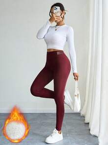 秋冬保暖内衬紧身裤，休闲高腰紧身裤，弹力羊羔绒紧身瑜伽裤，温暖舒适 - 酒紅色 - 查看 2