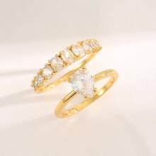 Cubic Zirconia Gold Rings Women Non Tarnish  Dainty 14K Gold Plated Stackable Princess Cut Engagement Ring Set Wedding Promise Rings Her Jewelry Size 6 8 9 10 11 - B-2pcs Pear Shaped Engagement Ring + 9 - View 3